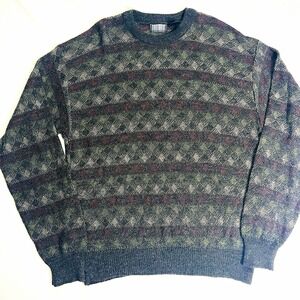 VTG 90s Knightsbridge Geometric Grandpa Sweater Men's L Wool Blend Gray Green